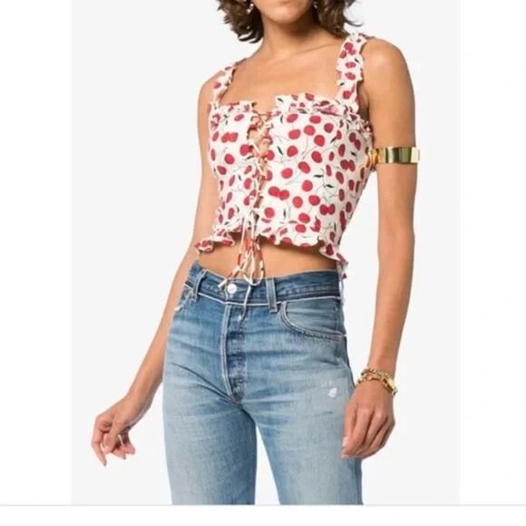 Reformation Corset Bustier Crop Top 10 White Red Cherry Print Linen Lace Up Tank - Picture 12 of 12